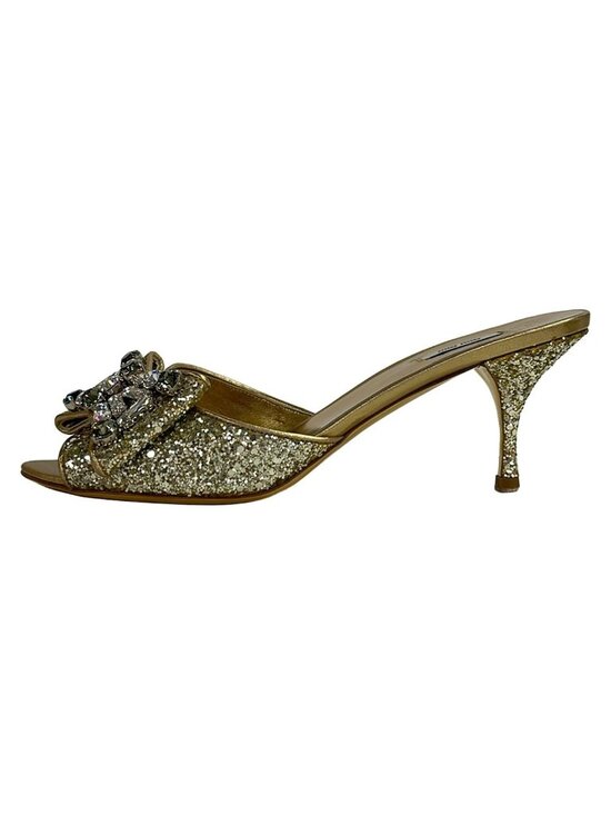 Miu Miu Shoes - Miu Miu Mules Gold Clear Ribbon Bijou Glitter Leather